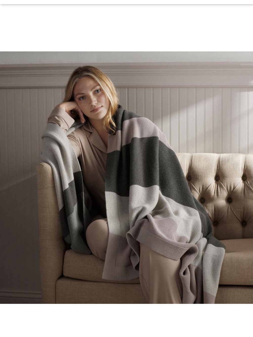 The Company Store 100% Cotton Knit Throw Blanket 50x70 NWT Gray Stripe